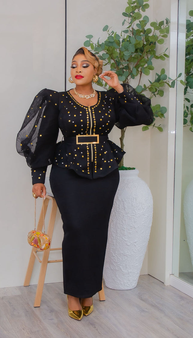 Red Puff Sleeve Embellished Peplum Top and Skirt - Wedding Guest Birthday Dinner Mother of The Bride