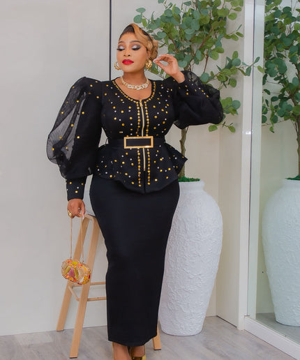 Gold Puff Sleeve Embellished Peplum Top and Skirt - Wedding Guest Birthday Dinner Mother of The Bride