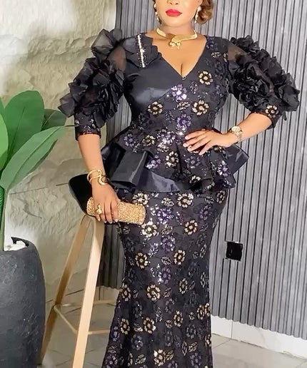 Dramatic Sleeve Peplum Mermaid Dress | Birthday Party Wedding Guest