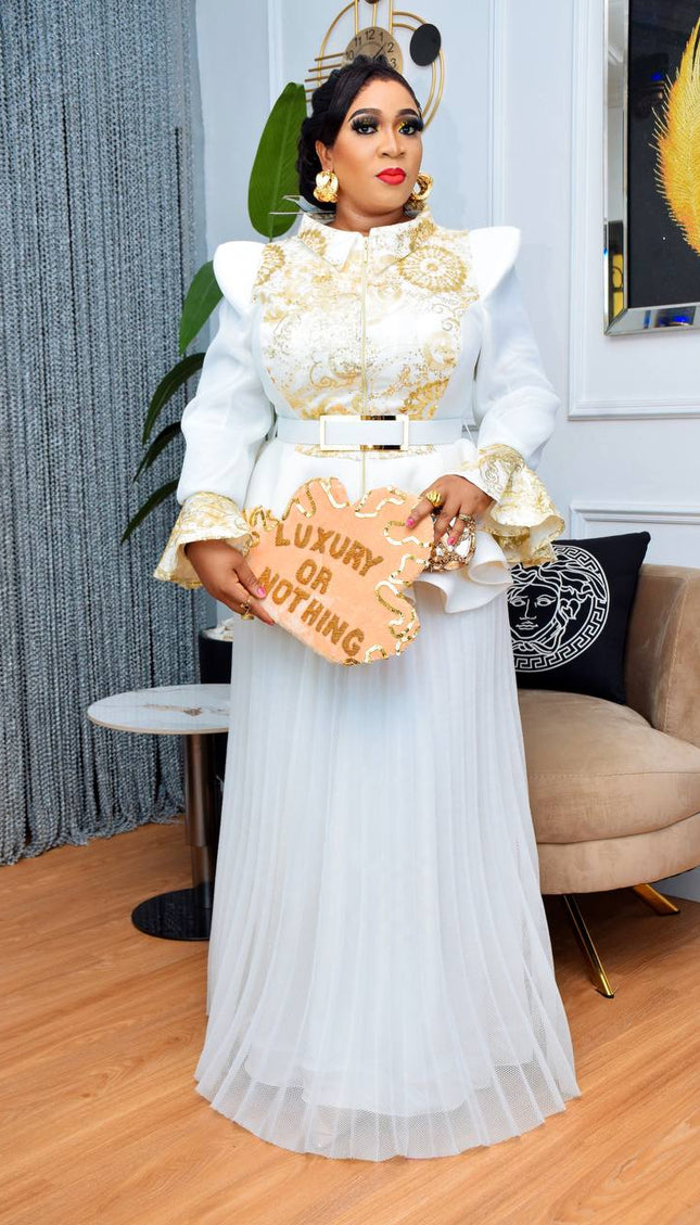 Classy Embellished Peplum White Top and Pleated A-Line Skirt | Mother of The Bride Wedding Guest Photoshoot