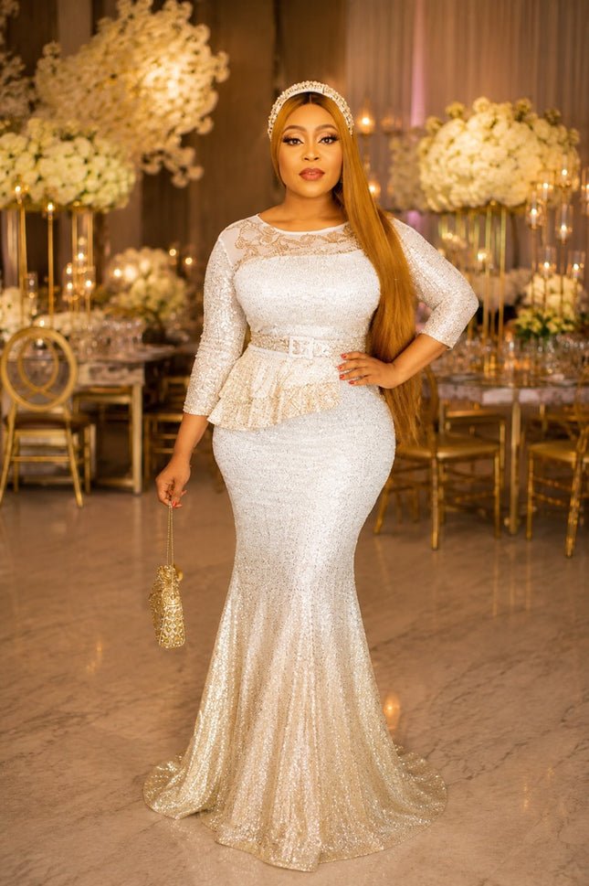 Sparkly White & Gold Sequin Embellished Peplum Mermaid Gown for Wedding Guest Mother of The Bride Birthday Party Outfit Formal Evening Dress