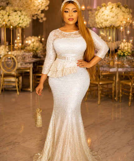 Sparkly White & Gold Sequin Embellished Peplum Mermaid Gown for Wedding Guest Mother of The Bride Birthday Party Outfit Formal Evening Dress