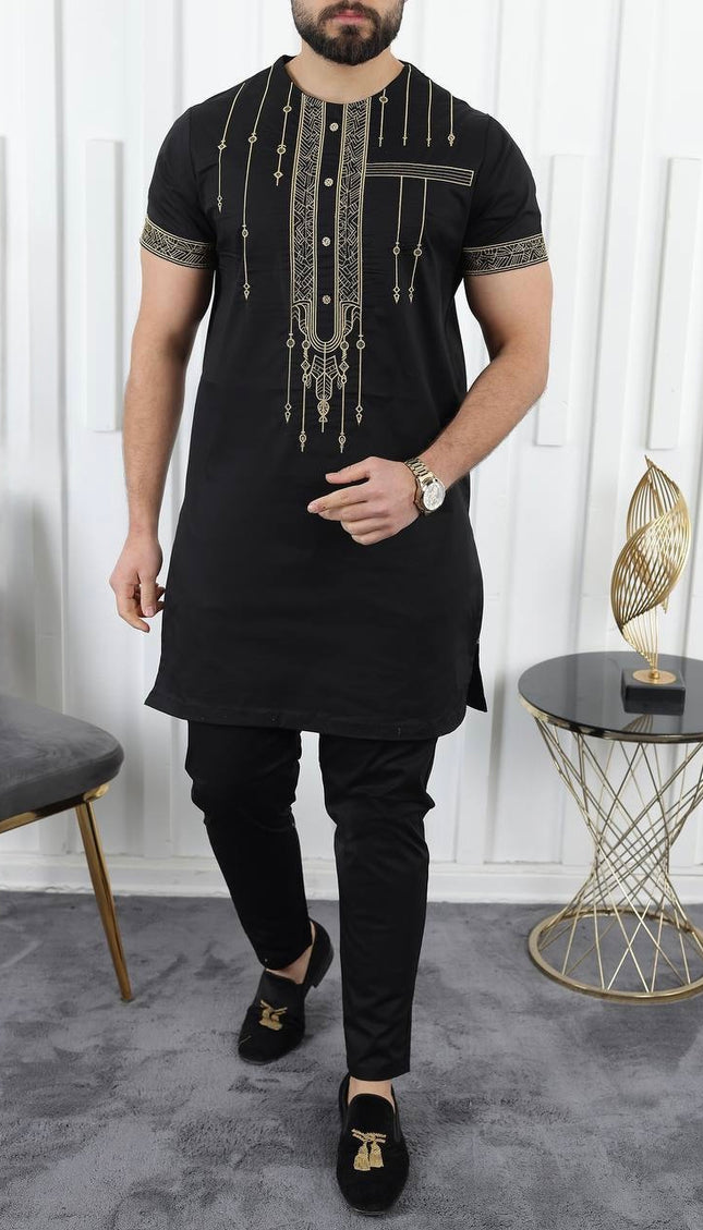 African Men's Black Embroidered Short Sleeve Shirt Pants 2-Piece Set, Wedding Guests Outfit Groom Groomsmen Party Guest Attire