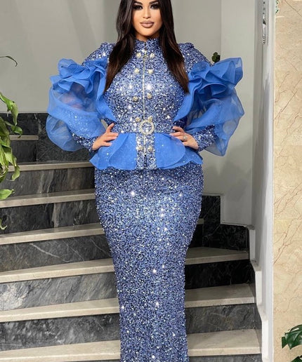 Blue Sequin Wedding Guest Dress Ruffles Peplum, Plus Size Mother of The Bride Evening Wear
