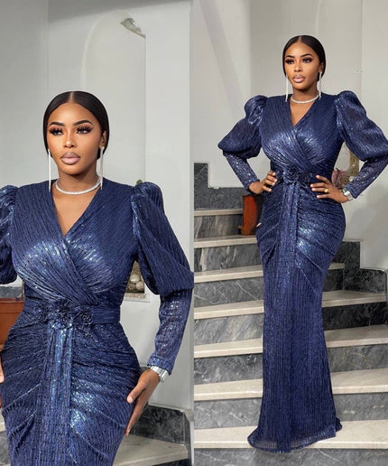 Sparkly Blue Wedding Guest Mermaid Dress, Ruched Maxi Plus Size Mother of The Bride, Celebrant Birthday Party Cocktail