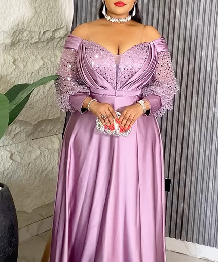 Off-The-Shoulder Sequin A-Line Gown | Party Birthday Bridal Graduation Mother of The Bride Wedding Guest