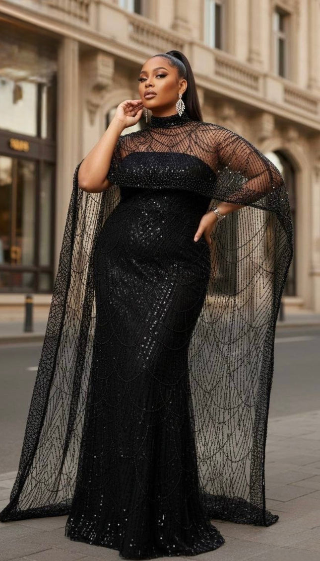 Black Embellished Cape Sleeve Maxi Dress: Wedding Guest Attire Birthday Party Mother of The Bride