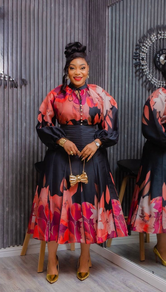 Black Floral Top & Skirt Matching 2 Piece Outfit for Party Wedding Guest Birthday Cocktail Dinner
