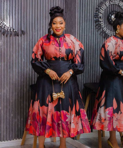 Gold Floral Top & Skirt Pleated Matching 2 Piece Set for Wedding Guest Birthday Cocktail Dinner