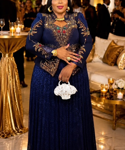 Blue Rhinestone Pleated Peplum Maxi Dress for Party Formal Evening Gown Mother of The Bride Cocktail Reception Birthday Celebrant