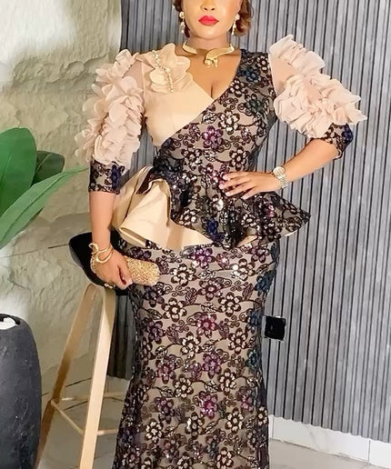 Dramatic Sleeve Peplum Mermaid Dress | Birthday Party Wedding Guest