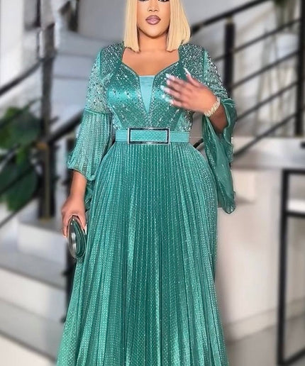 Glamorous Gold Embellished Wide Sleeve Pleated Maxi Dress, Floor Length Formal Evening Gown for Mother of The Bride Wedding Guest Cocktail Gala Anniversary Plus Size