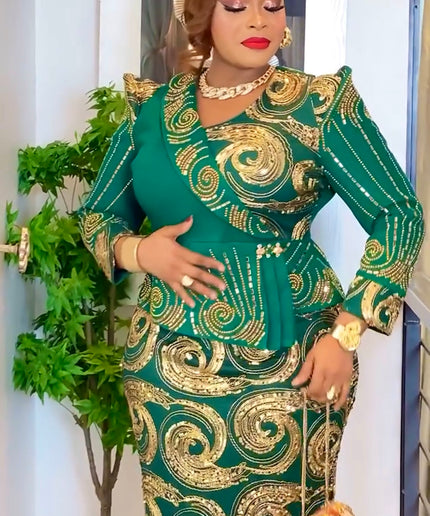 Green Sequin Embellished Peplum Maxi Dress: Wedding Guest Outfit Mother of The Bride Attire Birthday Party Cocktail Anniversary
