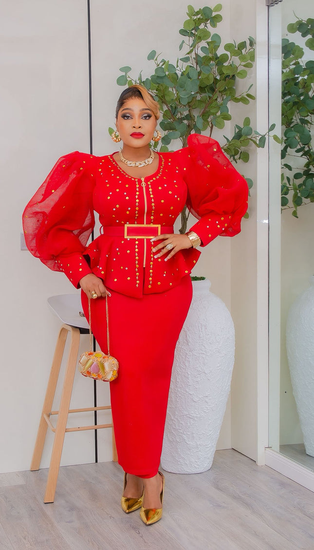 Gold Puff Sleeve Embellished Peplum Top and Skirt - Wedding Guest Birthday Dinner Mother of The Bride