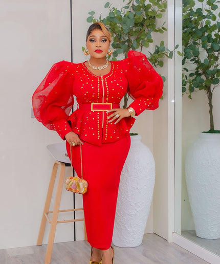 Gold Puff Sleeve Embellished Peplum Top and Skirt - Wedding Guest Birthday Dinner Mother of The Bride