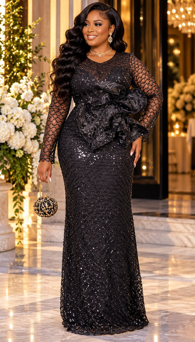 "Too Glam To Handle" Black Sequin Formal Evening Gown with Statement Organza Bow for Mother of The Bride Wedding Guest Holiday Cocktail Reception Celebrant Birthday Party Plus Size