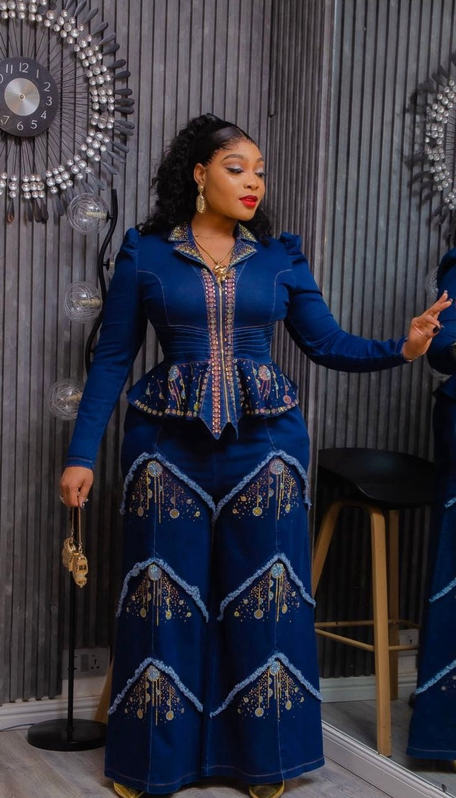 Indigo Denim & Diamonds 2-Piece Set, Birthday Party Stretch Jeans Outfit Photoshoot Ladies Night Dinner Concert Casual Wear