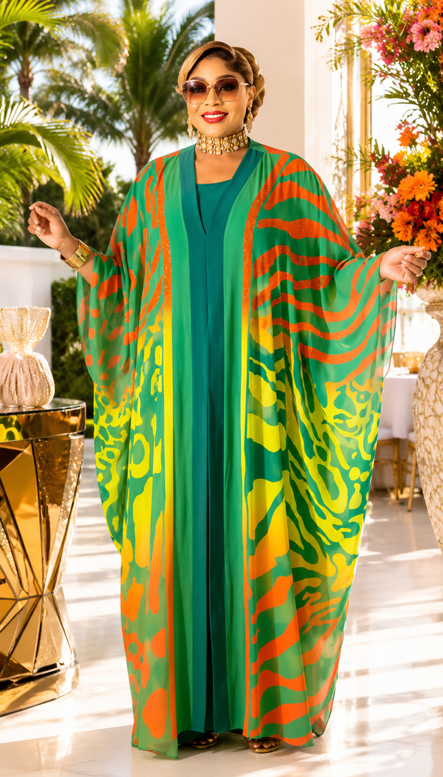 Vibrant Green Rhinestone Draped Chiffon Kaftan 3-Piece Pants Set for Party Birthday Cocktail Reception Dinner Ladies Night Resort Wedding Guest