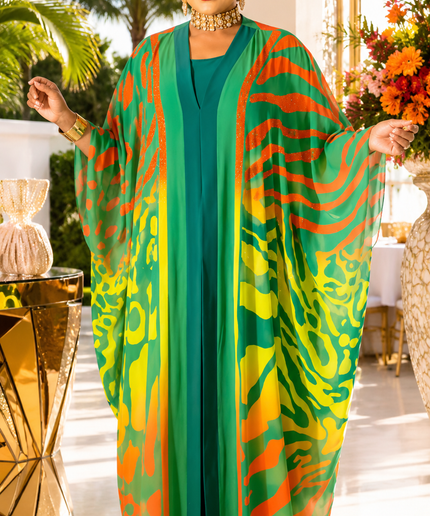 Vibrant Green Rhinestone Draped Chiffon Kaftan 3-Piece Pants Set for Party Birthday Cocktail Reception Dinner Ladies Night Resort Wedding Guest