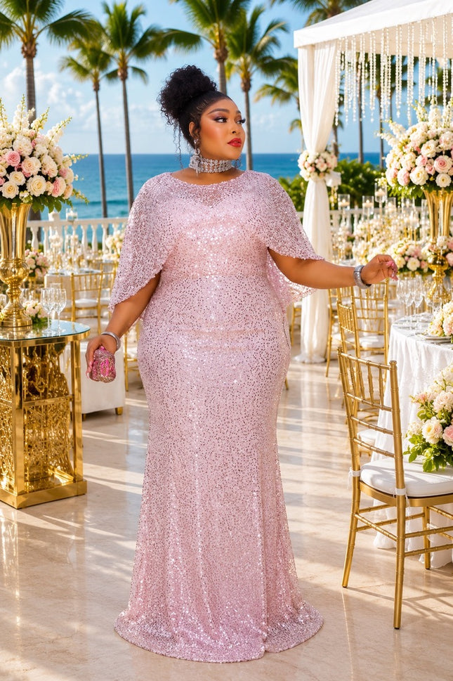 Dressed To Dazzle Brown Sequin Embellished Cape Formal Evening Gown for Bridal Photoshoot Cocktail Reception Wedding Guest Mother of The Bride Celebrant Birthday Party