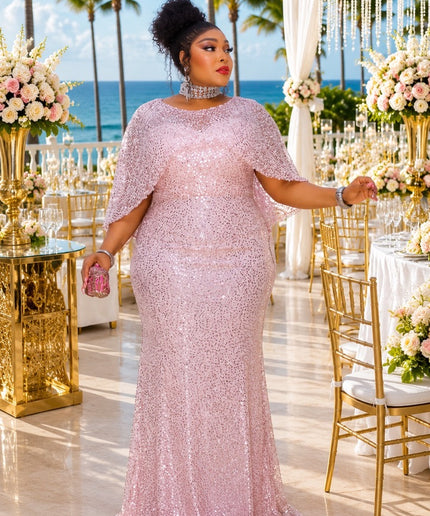 Dressed To Dazzle Brown Sequin Embellished Cape Formal Evening Gown for Bridal Photoshoot Cocktail Reception Wedding Guest Mother of The Bride Celebrant Birthday Party