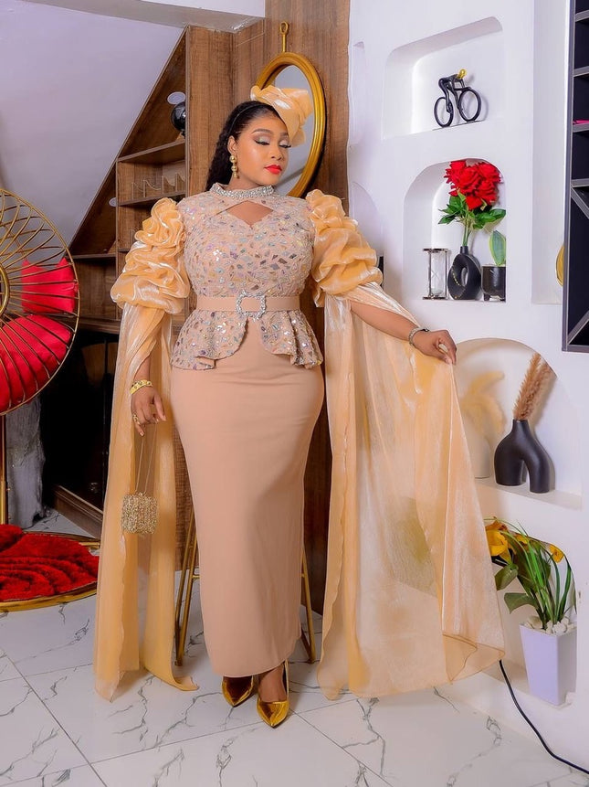 Dramatic Cape Sleeve Embellished Dress and Hat | Women's Maxi Dress Wedding Guest Mother of The Bride