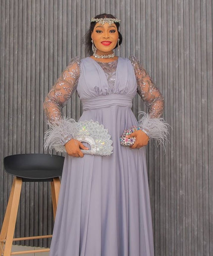 White Sequin Feather Detail Sleeve Evening Gown | Bridal Wedding Anniversary Gala