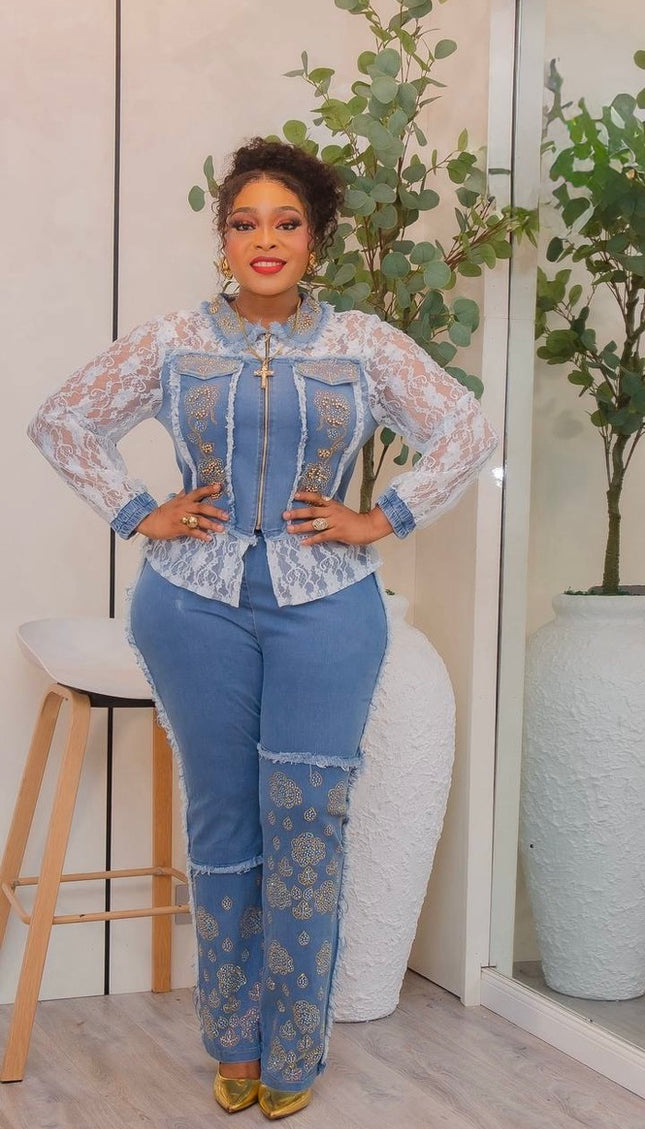 Denim & Diamonds 2-Piece Birthday Party Outfit, Curvy Stretch Lace Jeans