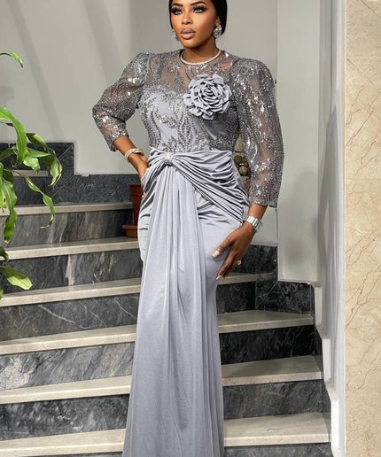 Elegant White Embellished 3D Flower Draped Maxi Dress for Bridal Civil Court Wedding Guest Engagement Party Mother of The Bride Photoshoot Gala Reception