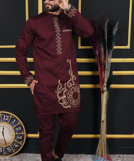 African Men's Traditional Wedding Attire, Black Embroidered Shirt & Pants Cotton 2-Piece Set, Groom Groomsmen Outfit Graduation Birthday Party