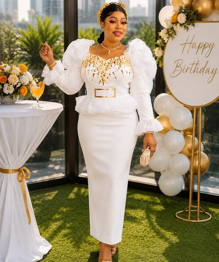 White Embellished Ruffle Peplum Skirt Set for Wedding Guest Mother of The Bride Celebrant Birthday Party Outfit