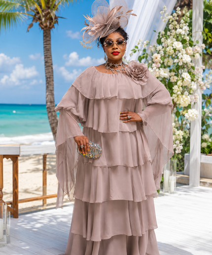 Pink Off-The-Shoulder Tiered Flower Flare Chiffon Maxi Dress for Wedding Guest Church Mother of The Bride Formal Evening Gown