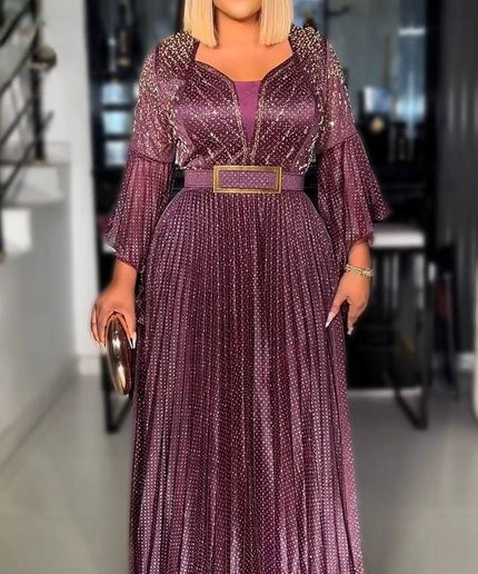 Glamorous Gold Embellished Wide Sleeve Pleated Maxi Dress, Floor Length Formal Evening Gown for Mother of The Bride Wedding Guest Cocktail Gala Anniversary Plus Size