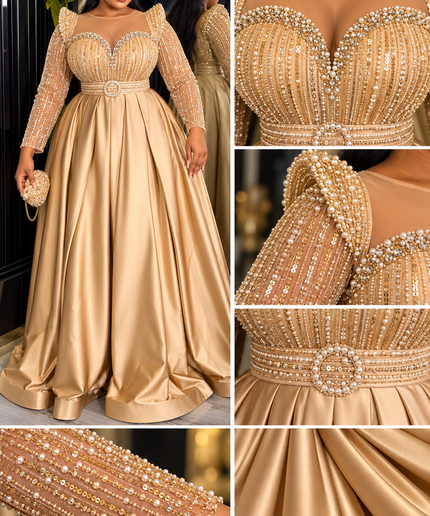"Holiday Photoshoot Dress" Red Embellished Long Sleeve Pleated Formal Gown for Mother of The Bride Church Reception Wedding Guest Party Cocktail