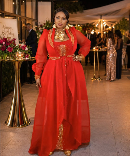 Magenta Pink Crystal-Embellished Sheer Duster & Matching Maxi Dress Set for Mother of The Bride Wedding Guest Birthday Cocktail Party