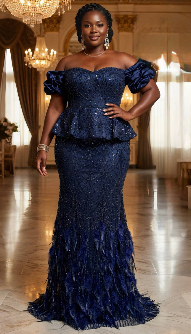 Dramatic Off-The-Shoulder Sequin Embellished Feathered Peplum Dress: Birthday Party Mother of The Bride Wedding