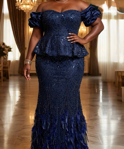 Dramatic Off-The-Shoulder Sequin Embellished Feathered Peplum Dress: Birthday Party Mother of The Bride Wedding