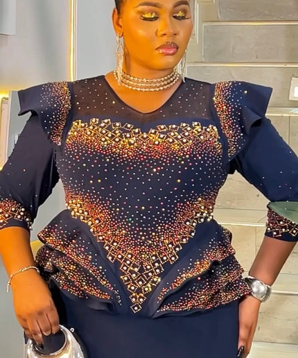 Sparkly Black Rhinestone Embellished Peplum Maxi Dress: Mother of The Bride Wedding Guest Birthday Party Cocktail