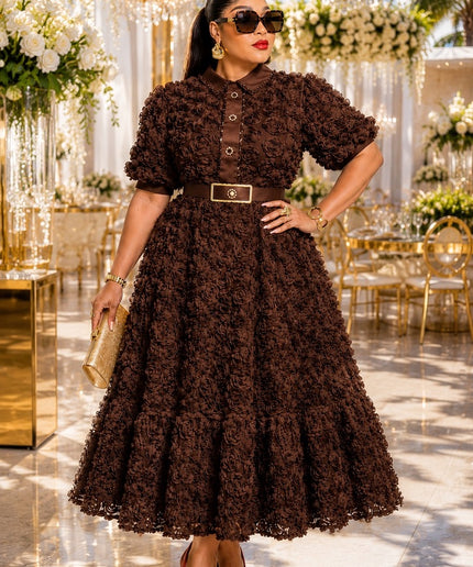 Dramatic 3D Flower Pleated Twirl Swing A-line Midi Dress for Black Tie Attire Wedding Guest Cocktail Reception Church Birthday Party Outfit