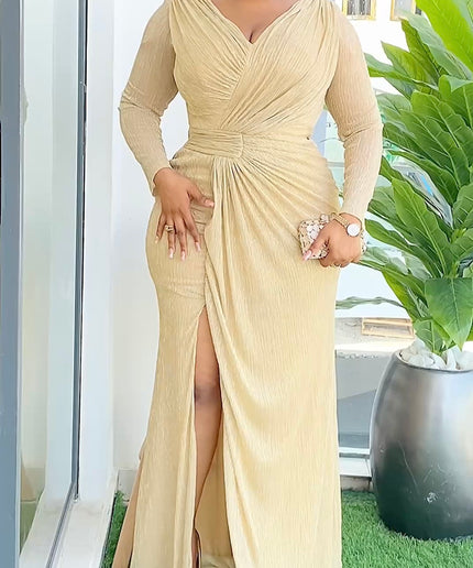 Gold Long Sleeve Sexy Side Slit Evening Gown | Wedding Guest Mother of The Bride Birthday Party