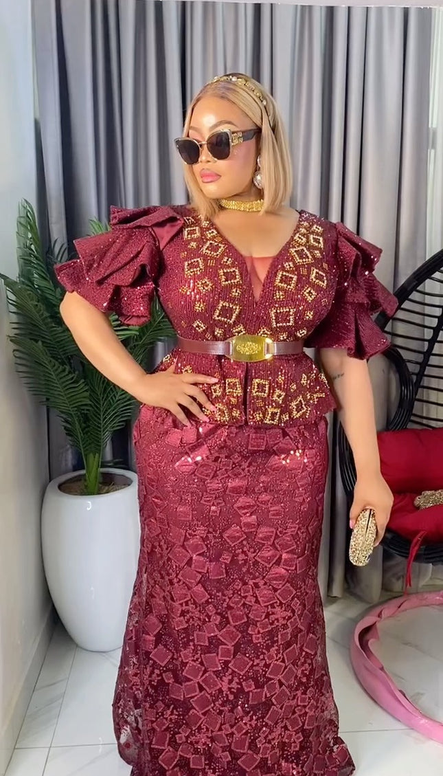 Sequin Embellished Ruffle Sleeve Peplum Maxi Dress