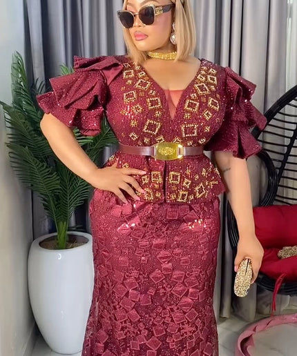 Sequin Embellished Ruffle Sleeve Peplum Maxi Dress