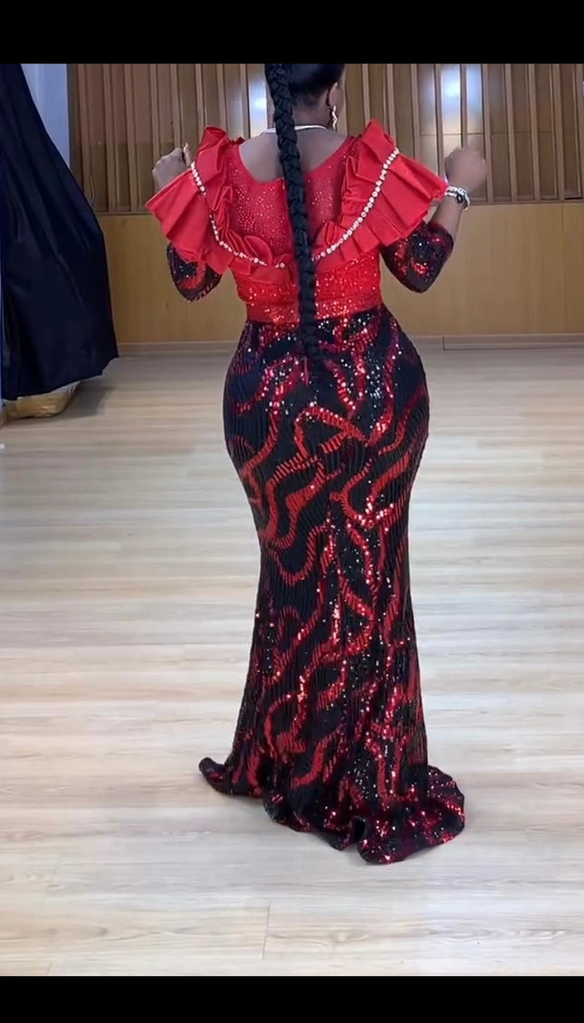 Off-Shoulder Sequin Maxi Dress Rhinestones