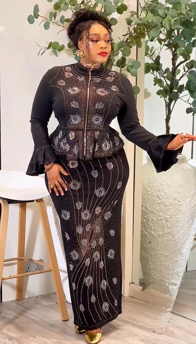 Sexy Denim & Diamonds 2-Piece Set, Rhinestone-Embellished Peplum Top and Skirt Stretch Jeans for Birthday Party Dinner Outfit