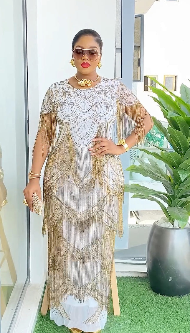 Gold Fringe Crystal Embellished Gown | Bridal Mother of The Bride Birthday Party