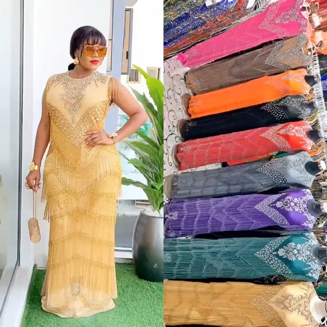 Fringe Crystal-Embellished Cap Sleeve Maxi Dress | Bridal Reception Wedding Mother of The Bride Birthday Party