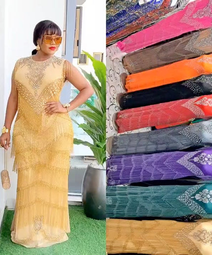 Fringe Crystal-Embellished Cap Sleeve Maxi Dress | Bridal Reception Wedding Mother of The Bride Birthday Party