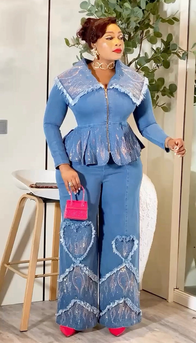 Gold Denim & Diamonds 2-Piece Set, Curvy Stretch Jeans Rhinestone Peplum Top + Wide-Leg Pants, Statement Birthday Outfit