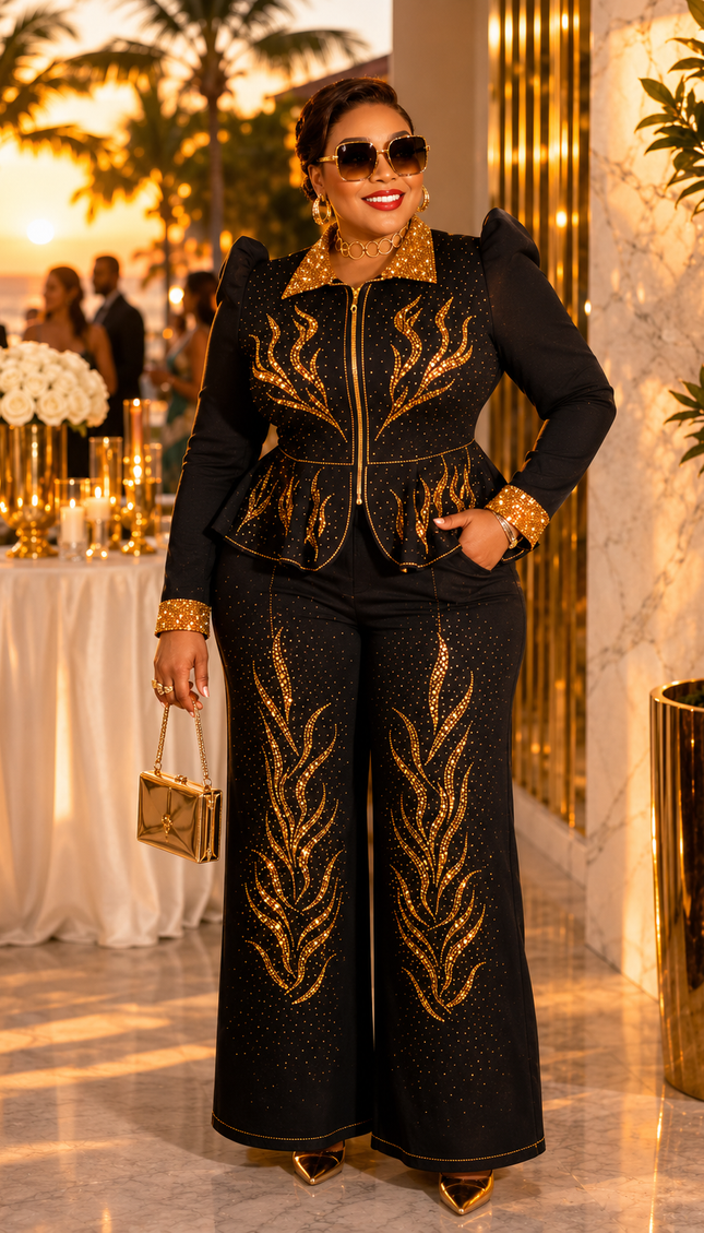 Blue Denim & Diamonds 2-Piece Party Outfit, Cotton Rhinestone Bling Curvy Plus Size Peplum Stretch Jeans Peplum Top & Wide-Leg Pants Set, Birthday Photoshoot Weekend Get-Together Cocktail Dinner