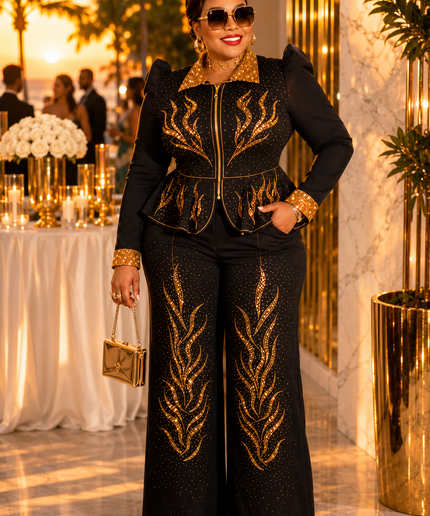 Black Denim & Diamonds 2-Piece Party Outfit, Cotton Rhinestone Bling Curvy Plus Size Stretch Jeans Peplum Top & Wide-Leg Pants Set, Birthday Photoshoot Weekend Get-Together Cocktail Dinner